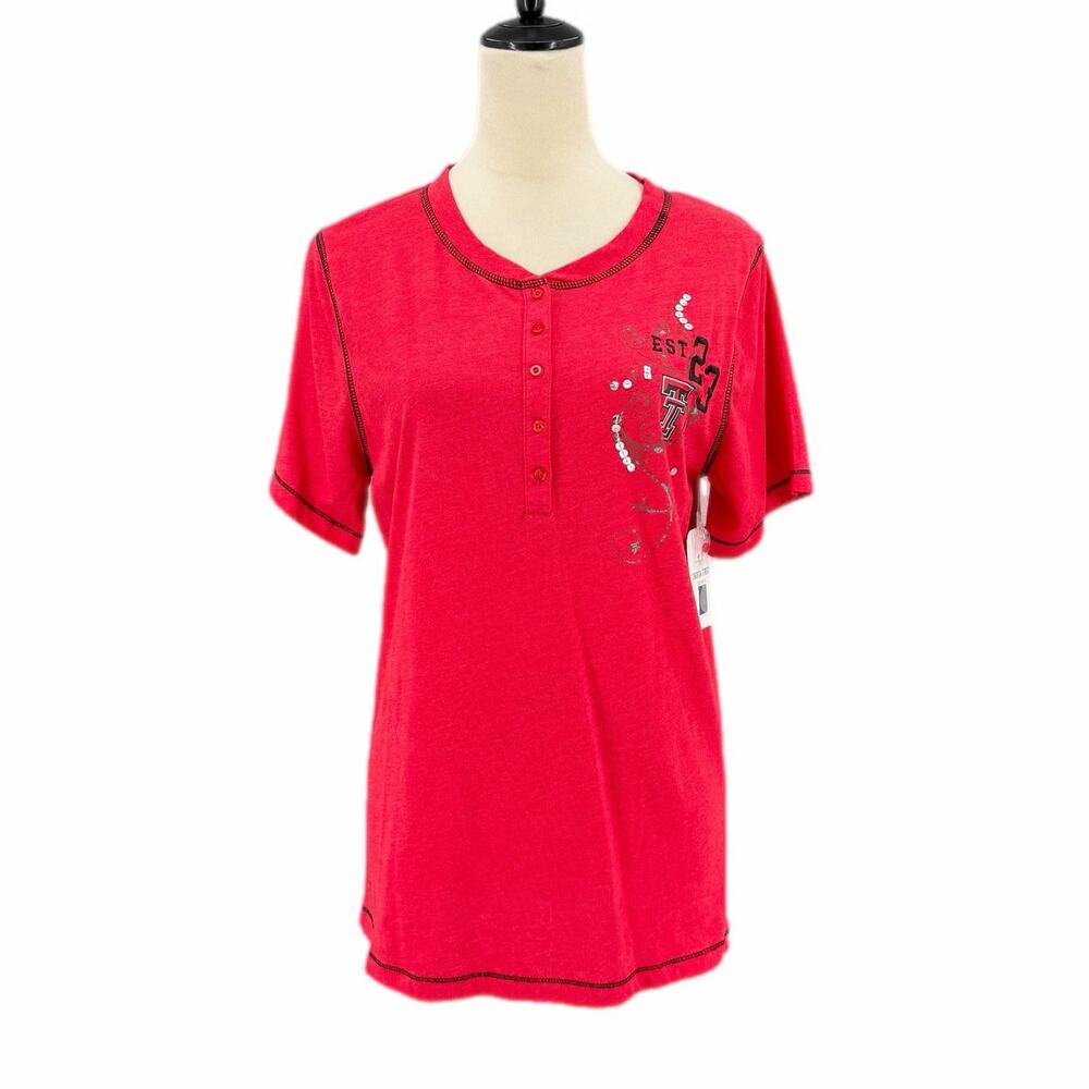 Emerson Street NEW Texas Tech Red Black Henley Gameday College Casual T-shirt